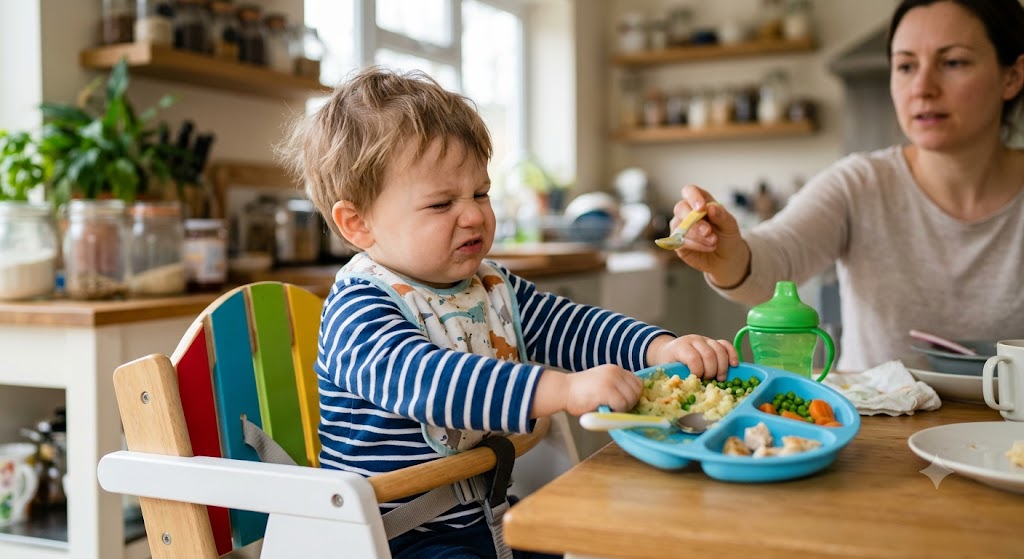 Imagen de un niño de dos años rechazando la comida que la madre le ofrece
