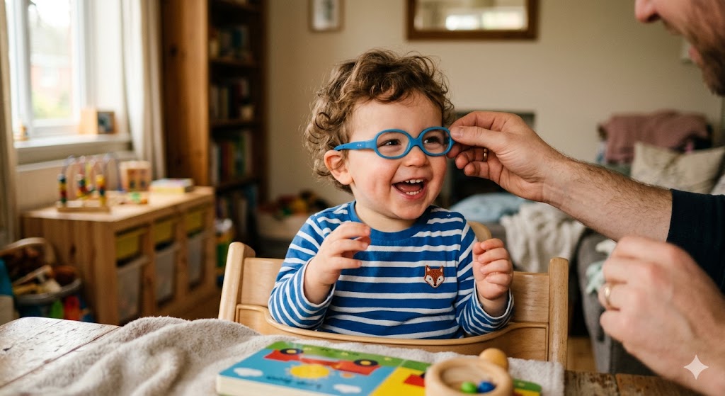 Al ponerle anteojos, un niño pequeño sonríe con alegría al poder enfocar la  cara de un adulto con nitidez