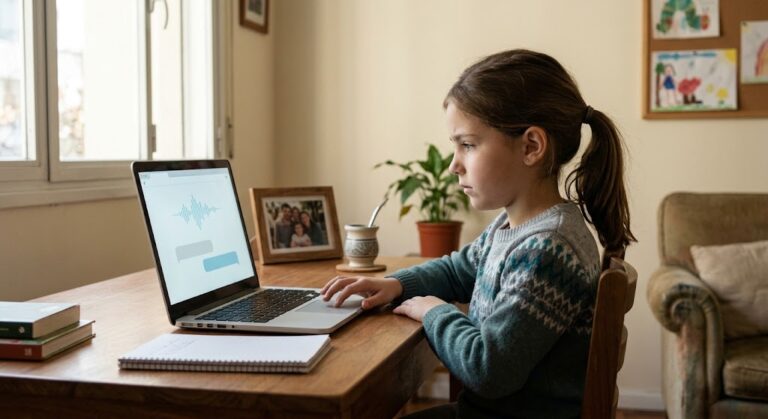 Niño escolar observando una interfaz interactiva de inteligencia artificial en una computadora portátil durante una sesión de estudio.