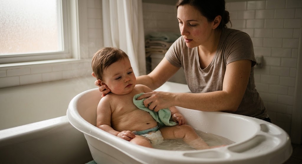 Una madre le baja la fiebre a su hijo con un baño en agua tibia