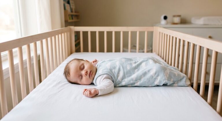 Imágen de un bebé durmiendo boca arriba y en una cuna libre de objetos