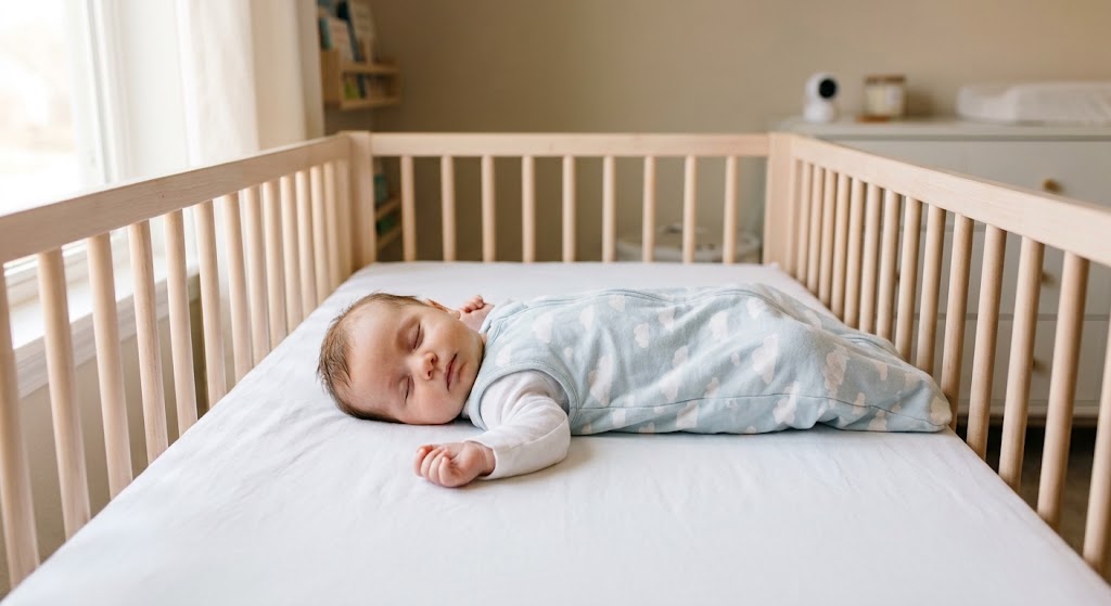Imágen de un bebé durmiendo boca arriba y en una cuna libre de objetos
