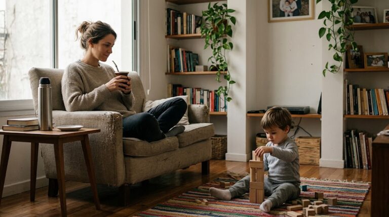 Madre observando a su hijo jugar libremente en el suelo de su casa, fomentando el desarrollo cognitivo sin uso de pantallas