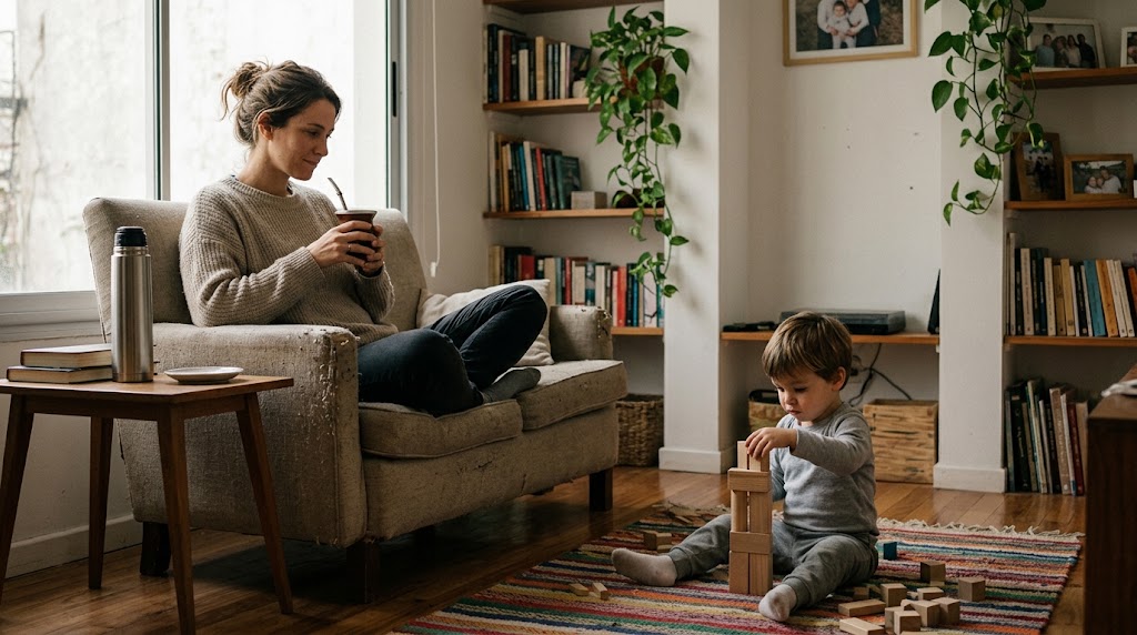 Madre observando a su hijo jugar libremente en el suelo de su casa, fomentando el desarrollo cognitivo sin uso de pantallas